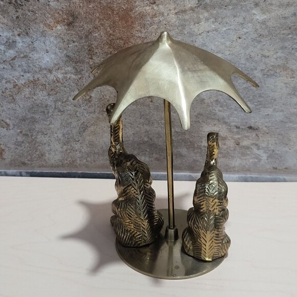Vintage Two Elephants Trunks Raised  Under Umbrella Solid Brass Statue - Picture 2 of 12